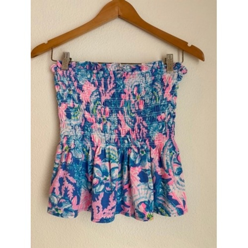Lilly Pulitzer Smocked Tube Top Blue Pink Floral Coral Peplum Strapless Small
